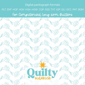 Puede incluir: Un diseño digital para acolchadoras de brazo largo computarizadas. La imagen presenta un patrón repetitivo de enredaderas florales azul claro sobre un fondo blanco. El texto en la parte superior enumera varios formatos de archivo. El logotipo de Quilty Sidekick está en la parte inferior.