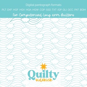 Könnte beinhalten: Digitale Pantographenformate für computergestützte Langarmquilter. Das Design zeigt einen hellblauen Hintergrund mit einem Wellenmuster und weißen Wolkenformen. Text enthält Dateiformate und das Logo "Quilty Sidekick".