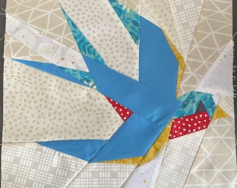 Patrón PDF de bloque de edredón de papel con diseño moderno de pájaro azul de 12 pulgadas (FPP)