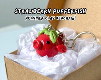 strawberry pufferfish keychain | small handmade polymer clay charm