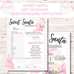 PINK Weihnachts-Geheimnis-Fragebogen / Weihnachtsumfrage / Geschenk-Tausch-Formular / Xmas Printable / Canva Editierbare Vorlage / Girly XMAS Party
