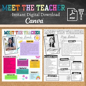 May include: A printable "Meet the Teacher" template for a third-grade teacher. The template features a colorful design with a photo of the teacher, a section about the teacher, a list of favorite things, experience and education information, fun facts, a wishlist, and contact information. The template is designed to be used on Canva.