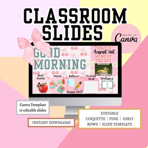 以下が含まれることがあります： ピンクと白のデジタル教室スライドテンプレートで、「Classroom Slides」と「Good Morning」のテキストがピンクと緑のフォントで表示されています。スライドには、チェリーとボウのデザインも含まれています。「Today is: August 1st Meme of the Day」というテキストも含まれています。