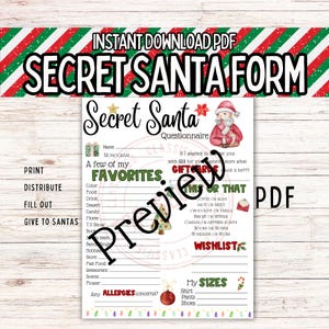 Cuestionario de amigo secreto/Encuesta navideña/Formulario de intercambio de regalos/Formulario imprimible navideño/PDF