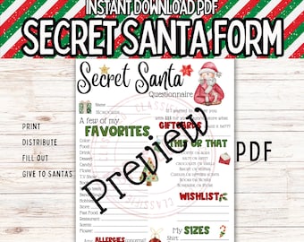 Secret Santa Questionnaire/ Christmas Survey/ Gift Exchange Form/ Xmas Printable/PDF