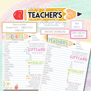Teacher Favorite Things/ Teacher Survey/ Teacher Questionnaire/ ALL about your teacher/ Getting to know your teacher/ Teacher Appreciation/