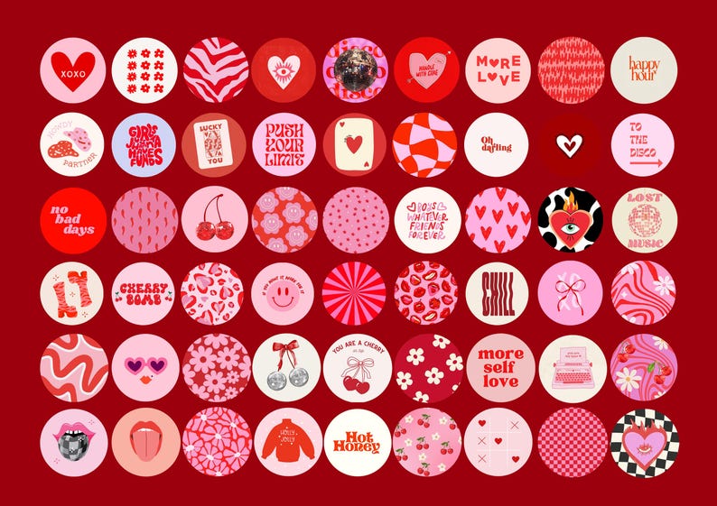 May include: A collection of 36 red and pink illustrated stickers with various designs and text. The stickers feature hearts, cherries, flowers, and other designs. The text on the stickers includes phrases like "More Love", "Happy Hour", "No Bad Days", and "Cherry Bomb".