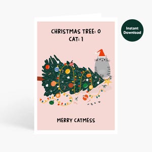 Cartão de gato de árvore de Natal, Cartão de árvore de Natal engraçado, Cartão de Natal de gato engraçado, Merry Catmess, Download digital, Árvore de Natal caída, Engraçado