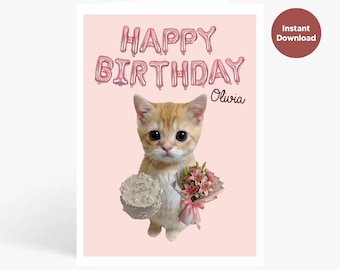 Personalized Cute Cat Birthday Card – Custom Name Happy Birthday Design Cat Lovers I Funny Cat Birthday Card I Printable 5x7 Birthday Gift
