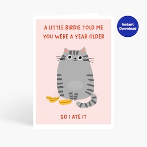Puede incluir: Tarjeta de felicitaci&oacute;n con una ilustraci&oacute;n de gato de dibujos animados. El gato gris con rayas negras est&aacute; sobre un fondo rosa. El texto dice: "A LITTLE BIRDIE TOLD ME YOU WERE A YEAR OLDER SO I ATE IT".