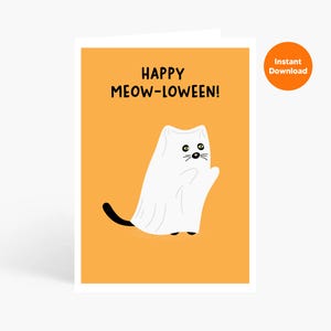 Cartão de Halloween para impressão, Cartão de gato fantasma, Download instantâneo, Cartão engraçado para o Halloween, Feliz Meowloween, Gato engraçado Halloween, CheeryCorner