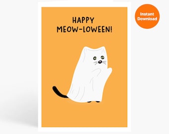Funny Ghost Cat Halloween Card: Happy Meowloween (Instant Download)