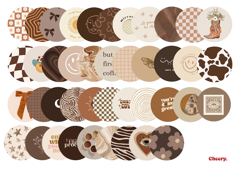 Puede incluir: Un conjunto de 30 pegatinas redondas con varios dise&ntilde;os en marr&oacute;n, beige y blanco. Las pegatinas presentan patrones abstractos, estampados de animales y citas inspiradoras. Algunas de las citas incluyen "but first coffee", "it's gonna be okay", y "you're doing great".