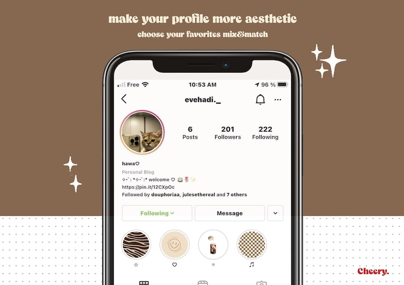 Puede incluir: Una captura de pantalla de una p&aacute;gina de perfil de Instagram con el nombre de usuario "evehadi._". La foto de perfil es un gato con una expresi&oacute;n de sorpresa. El perfil tiene 6 publicaciones, 201 seguidores y 222 seguidos. La biograf&iacute;a del perfil dice "hawa♡ Blog personal Bienvenido https://pin.it/12CXpOc Seguido por deuphoriaa, julesethereal y 7 otros". El perfil tiene un bot&oacute;n "Siguiendo", un bot&oacute;n "Mensaje" y una fila de cuatro iconos debajo de los botones. Los iconos son una impresi&oacute;n de cebra, una cara sonriente, una botella de l&iacute;quido y un patr&oacute;n a cuadros.