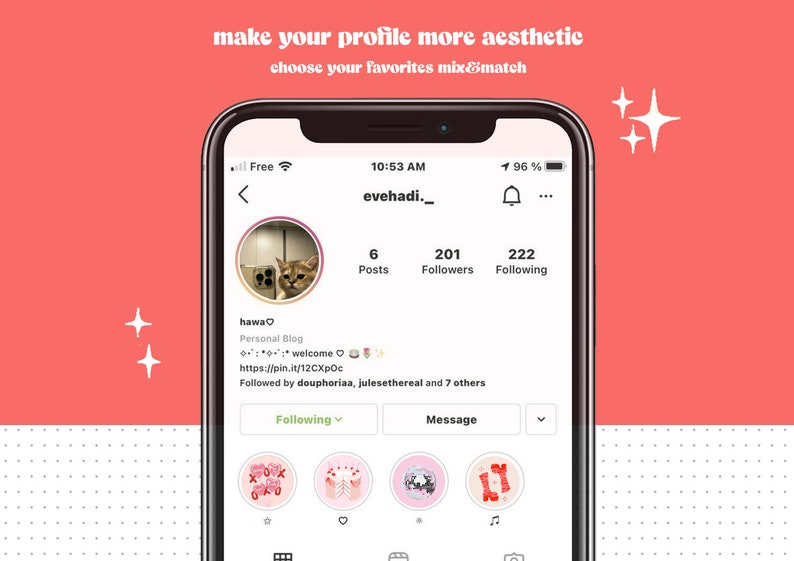 Peut inclure: Une capture d'&eacute;cran d'une page de profil Instagram avec le nom d'utilisateur "evehadi._". La photo de profil est un chat regardant la cam&eacute;ra. Le profil a 6 publications, 201 abonn&eacute;s et 222 abonnements. La biographie du profil indique "hawa♡ Blog personnel :: bienvenue https://pin.it/12CXpOc Suivi par douphoriaa, julesethereal et 7 autres".