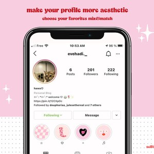 May include: A screenshot of an Instagram profile page with the username "evehadi._" and a profile picture of a cat. The profile has 6 posts, 201 followers, and 222 following. The profile bio says "hawa♡ Personal Blog :: welcome https://pin.it/12CXpOc Followed by douphoriaa, julesethereal and 7 others". The profile has four highlighted icons, one with a checkered pattern, one with a pink sock, one with a pink heart, and one with a pink face with eyelashes.