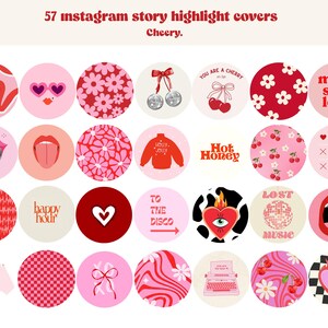 May include: 57 Instagram story highlight covers with a cheerful theme. The covers feature various designs including hearts, flowers, cherries, lips, and text.  The covers are in shades of pink and red.