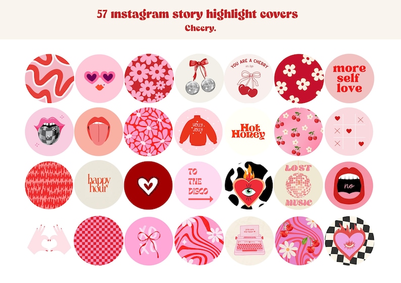 May include: 57 Instagram story highlight covers with a cheerful theme. The covers feature various designs including hearts, flowers, cherries, lips, and text.  The covers are in shades of pink and red.