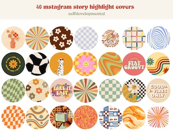 40 icone di copertina in evidenza di Instagram retrò, copertine in evidenza groovy, pacchetto di icone in evidenza di storie IG estetiche funky, colori retrò, toni pastello