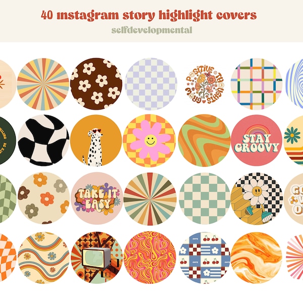 40 Retro Instagram Highlight Cover Icons, Groovy Highlight Covers, Funky Aesthetic IG Story Highlight Icon Pack, Retro colors, pastel tones