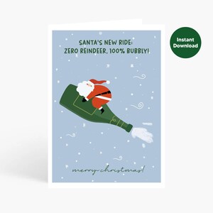 Druckbare Weihnachtskarte, lustige Weihnachtsweihnachtsmannkarte, Santa reitet Champagner, frohe Weihnachtskarte, Feiertagswünsche, digitaler Download, 5x7