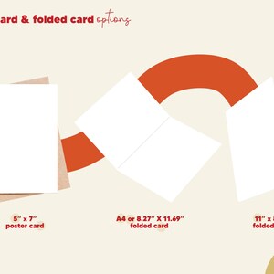 Puede incluir: Imagen que muestra opciones de tarjetas: una tarjeta p&oacute;ster de 5" x 7", una tarjeta plegada A4 (21 x 29,7 cm) y una tarjeta plegada de 11" x 8,5". Las tarjetas blancas se presentan sobre un fondo beige con elementos naranjas. El texto dice "poster card & folded card options".