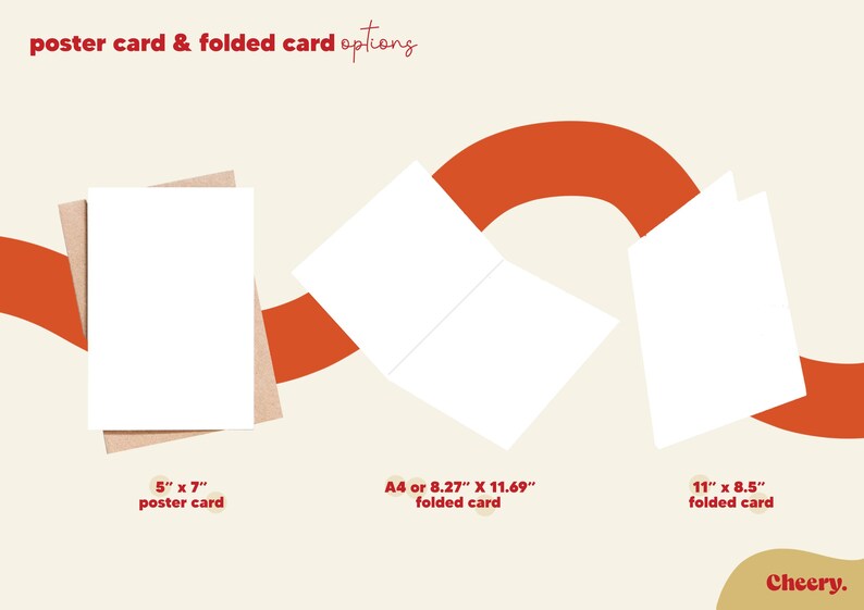 Puede incluir: Imagen que muestra opciones de tarjetas: una tarjeta p&oacute;ster de 5" x 7", una tarjeta plegada A4 (21 x 29,7 cm) y una tarjeta plegada de 11" x 8,5". Las tarjetas blancas se presentan sobre un fondo beige con elementos naranjas. El texto dice "poster card & folded card options".