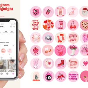 Peut inclure: Soixante couvertures de surbrillance d'histoires Instagram roses et rouges avec divers motifs, notamment des c&oelig;urs, des cerises, des bottes, un ballon disco, une tasse de caf&eacute;, une boule de billard, un sapin de No&euml;l et un P&egrave;re No&euml;l. Les textes "LUCKY YOU" et "PROTECT YOUR ENERGY" sont visibles.