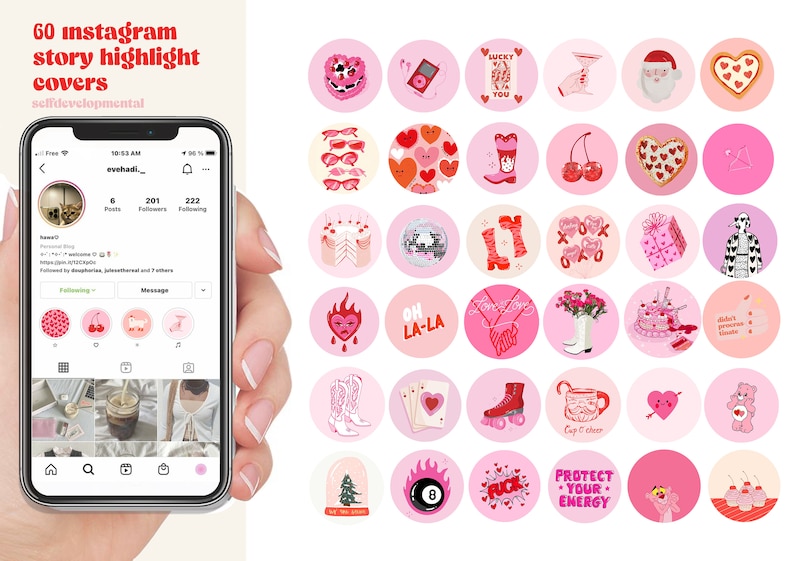 Peut inclure: Soixante couvertures de surbrillance d'histoires Instagram roses et rouges avec divers motifs, notamment des c&oelig;urs, des cerises, des bottes, un ballon disco, une tasse de caf&eacute;, une boule de billard, un sapin de No&euml;l et un P&egrave;re No&euml;l. Les textes "LUCKY YOU" et "PROTECT YOUR ENERGY" sont visibles.