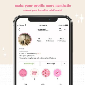 May include: A screenshot of an Instagram profile page with the username "evehadi._". The profile picture is a cat looking at the camera. The profile has 6 posts, 201 followers, and 222 following. The profile bio says "hawa♡ Personal Blog welcome https://pin.it/12CXpOc Followed by deuphoriaa, julesethereal and 7 others". The profile has a "Following" button, a "Message" button, and a row of five Instagram story highlights. The highlights are decorated with pink and white polka dots, a pink and white heart with the text "Girls Unite & Fight Like Hell", pink and white cherries, and a pink bow.
