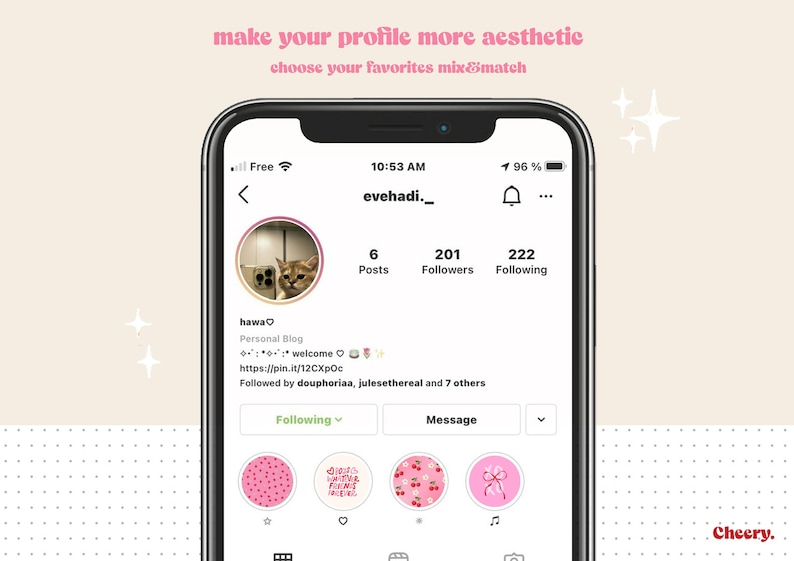 May include: A screenshot of an Instagram profile page with the username "evehadi._". The profile picture is a cat looking at the camera. The profile has 6 posts, 201 followers, and 222 following. The profile bio says "hawa♡ Personal Blog welcome https://pin.it/12CXpOc Followed by deuphoriaa, julesethereal and 7 others". The profile has a "Following" button, a "Message" button, and a row of five Instagram story highlights. The highlights are decorated with pink and white polka dots, a pink and white heart with the text "Girls Unite & Fight Like Hell", pink and white cherries, and a pink bow.