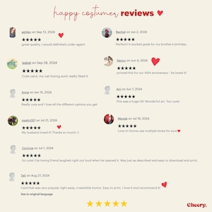 Puede incluir: Gr&aacute;fico color crema con rese&ntilde;as de clientes y el texto "happy costumer reviews" en escritura roja. Las rese&ntilde;as incluyen valoraciones por estrellas y comentarios como "great quality" y "cute card". Un logotipo de "Cheery" est&aacute; en la esquina inferior derecha.