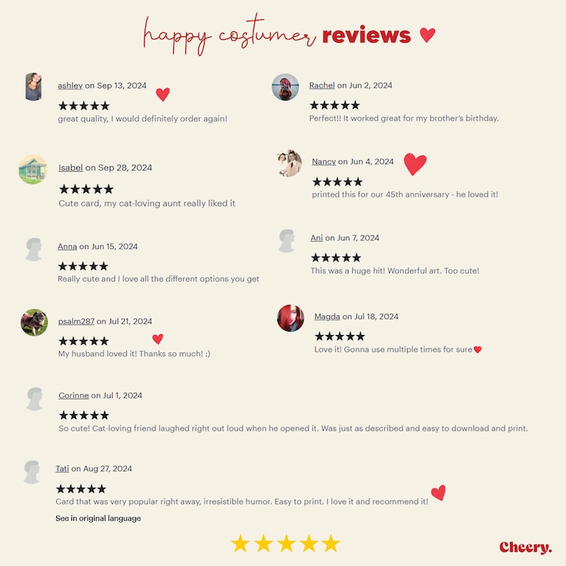 Puede incluir: Gr&aacute;fico color crema con rese&ntilde;as de clientes y el texto "happy costumer reviews" en escritura roja. Las rese&ntilde;as incluyen valoraciones por estrellas y comentarios como "great quality" y "cute card". Un logotipo de "Cheery" est&aacute; en la esquina inferior derecha.