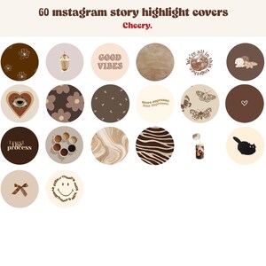 Puede incluir: 60 portadas de resaltado de historias de Instagram en un esquema de colores marr&oacute;n y beige. Las portadas presentan varios dise&ntilde;os, que incluyen tazas de caf&eacute;, flores, mariposas, un gato, un coraz&oacute;n, una cara sonriente y el texto "Good Vibes".