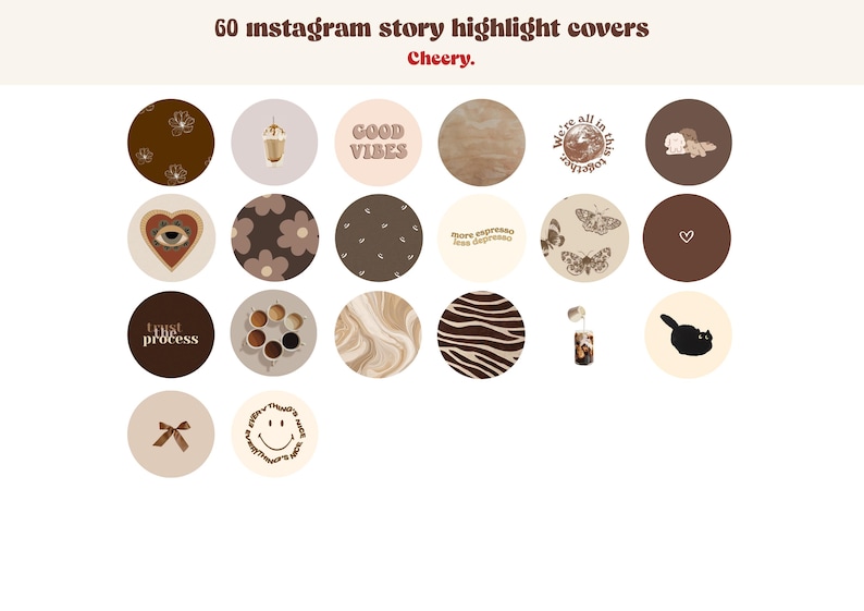 Puede incluir: 60 portadas de resaltado de historias de Instagram en un esquema de colores marr&oacute;n y beige. Las portadas presentan varios dise&ntilde;os, que incluyen tazas de caf&eacute;, flores, mariposas, un gato, un coraz&oacute;n, una cara sonriente y el texto "Good Vibes".