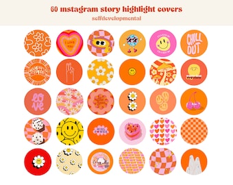 60 Retro Instagram Highlight Cover Icons, Groovy Highlight Covers, Orange Tones Aesthetic IG Story Highlight Icon Pack, Spring Theme Icons