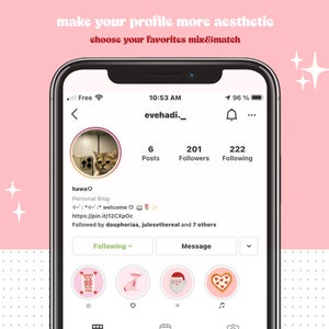 Peut inclure: Une capture d'&eacute;cran d'une page de profil Instagram avec le nom d'utilisateur "evehadi._". La photo de profil est un chat regardant la cam&eacute;ra. Le profil a 6 publications, 201 abonn&eacute;s et 222 abonnements. La biographie du profil indique "hawa♡ Blog personnel :: bienvenue https://pin.it/12CXpOc Suivi par douphoriaa, julesethereal et 7 autres". Le profil a quatre publications mises en avant, chacune avec une ic&ocirc;ne diff&eacute;rente : un c&oelig;ur avec les mots "Just for you", une main donnant un pouce en l'air, un P&egrave;re No&euml;l et une pizza en forme de c&oelig;ur.