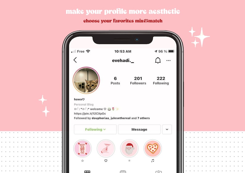 Peut inclure: Une capture d'&eacute;cran d'une page de profil Instagram avec le nom d'utilisateur "evehadi._". La photo de profil est un chat regardant la cam&eacute;ra. Le profil a 6 publications, 201 abonn&eacute;s et 222 abonnements. La biographie du profil indique "hawa♡ Blog personnel :: bienvenue https://pin.it/12CXpOc Suivi par douphoriaa, julesethereal et 7 autres". Le profil a quatre publications mises en avant, chacune avec une ic&ocirc;ne diff&eacute;rente : un c&oelig;ur avec les mots "Just for you", une main donnant un pouce en l'air, un P&egrave;re No&euml;l et une pizza en forme de c&oelig;ur.