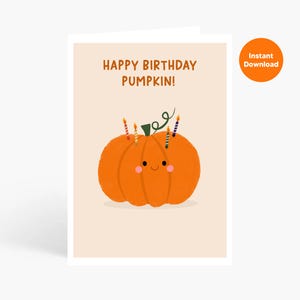 Cartão de feliz aniversário de abóbora, Cartão de aniversário de abóbora, Cartão de aniversário para impressão, Aniversário de outubro, Cartão para amantes de abóbora, Download instantâneo