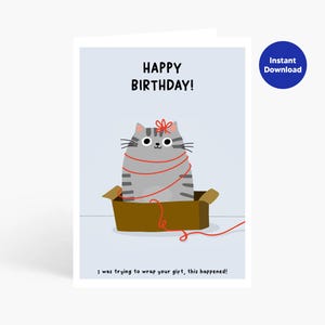 Cartão de aniversário engraçado de gato, cartão de aniversário para impressão, gato na caixa, cartão de aniversário engraçado para impressão de gato, download instantâneo, cartão de aniversário fofo de gato