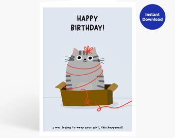 Tarjeta de cumpleaños divertida de gato: Gato en una caja (Descarga instantánea)