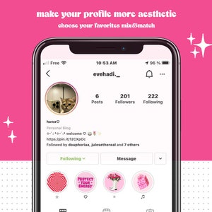 Peut inclure: Une capture d'&eacute;cran d'une page de profil Instagram avec le nom d'utilisateur "evehadi._". La photo de profil est un chat regardant la cam&eacute;ra. Le profil a 6 publications, 201 abonn&eacute;s et 222 abonnements. La biographie dit "hawa♡ Blog personnel :: bienvenue https://pin.it/12CXpOc Suivi par douphoriaa, julesethereal et 7 autres". Le profil a un bouton "Suivre", un bouton "Message" et quatre publications mises en avant. Les publications mises en avant sont un c&oelig;ur rouge avec un contour blanc, un cercle rose avec le texte "PROTECT YOUR ENERGY", un cercle rose avec une botte blanche et des fleurs, et un cercle rose avec un coffret cadeau rose.
