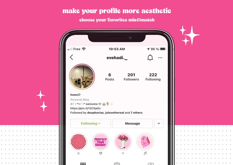 Peut inclure: Une capture d'&eacute;cran d'une page de profil Instagram avec le nom d'utilisateur "evehadi._". La photo de profil est un chat regardant la cam&eacute;ra. Le profil a 6 publications, 201 abonn&eacute;s et 222 abonnements. La biographie dit "hawa♡ Blog personnel :: bienvenue https://pin.it/12CXpOc Suivi par douphoriaa, julesethereal et 7 autres". Le profil a un bouton "Suivre", un bouton "Message" et quatre publications mises en avant. Les publications mises en avant sont un c&oelig;ur rouge avec un contour blanc, un cercle rose avec le texte "PROTECT YOUR ENERGY", un cercle rose avec une botte blanche et des fleurs, et un cercle rose avec un coffret cadeau rose.