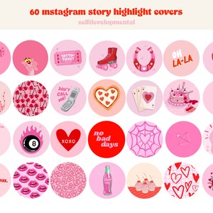 60 icônes de couverture de surbrillance Instagram rétro, couvertures de surbrillance groovy, tons rouges et roses, pack d'icônes de surbrillance esthétique IG Story, couverture rouge rose image 2
