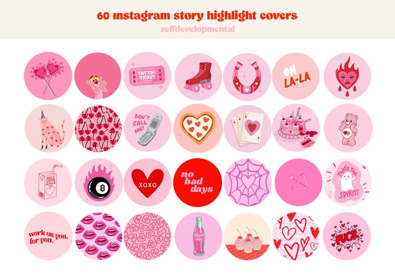 60 icônes de couverture de surbrillance Instagram rétro, couvertures de surbrillance groovy, tons rouges et roses, pack d'icônes de surbrillance esthétique IG Story, couverture rouge rose image 2