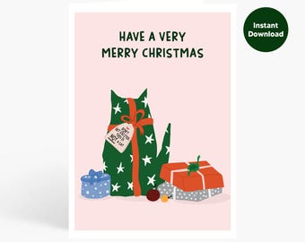 Printable Christmas Card, Merry Christmas Cat Card, Funny Cat Gift Christmas Card, Holiday Greeting Card, Instant Download, Printable 5x7
