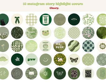 60 Retro Green Tones Instagram Highlight Cover Icons, Green Tones Aesthetic IG Story, Groovy Highlight Covers, Plant Nature Icon, Cute Green