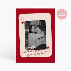 Hartenkoningin kaartsjabloon valentijn, gepersonaliseerde valentijnskaart, aangepaste speelfotokaart, kaart koning koningin paar, direct downloaden