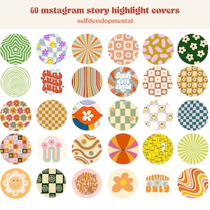 May include: 60 Instagram story highlight covers with a retro 70s theme. The covers feature various patterns, colors, and text, including "Groovy Days Ahead", "Chill Pill", and "Good Vibes Only".