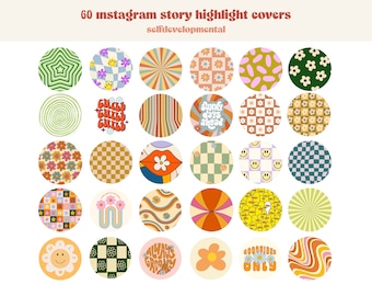 60 Retro Instagram Highlight Cover Icons, Groovy Highlight Covers, Funky Aesthetic IG Story Highlight Icon Pack, Retro colors, pastel tones